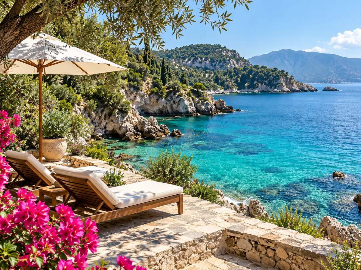 Two sun loungers and a parasol on a terrace above a clear blue cove