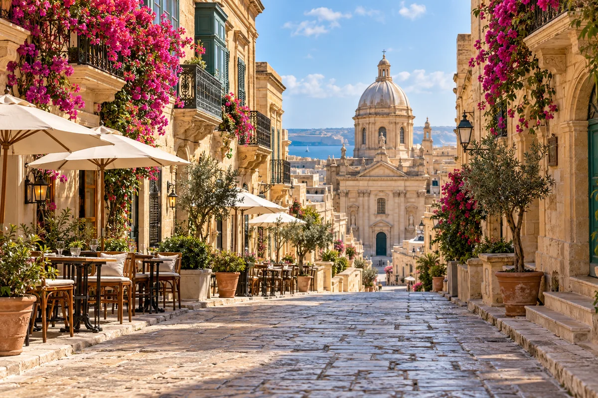 A sunny European street with cafe terraces, flowers and a distant domed church