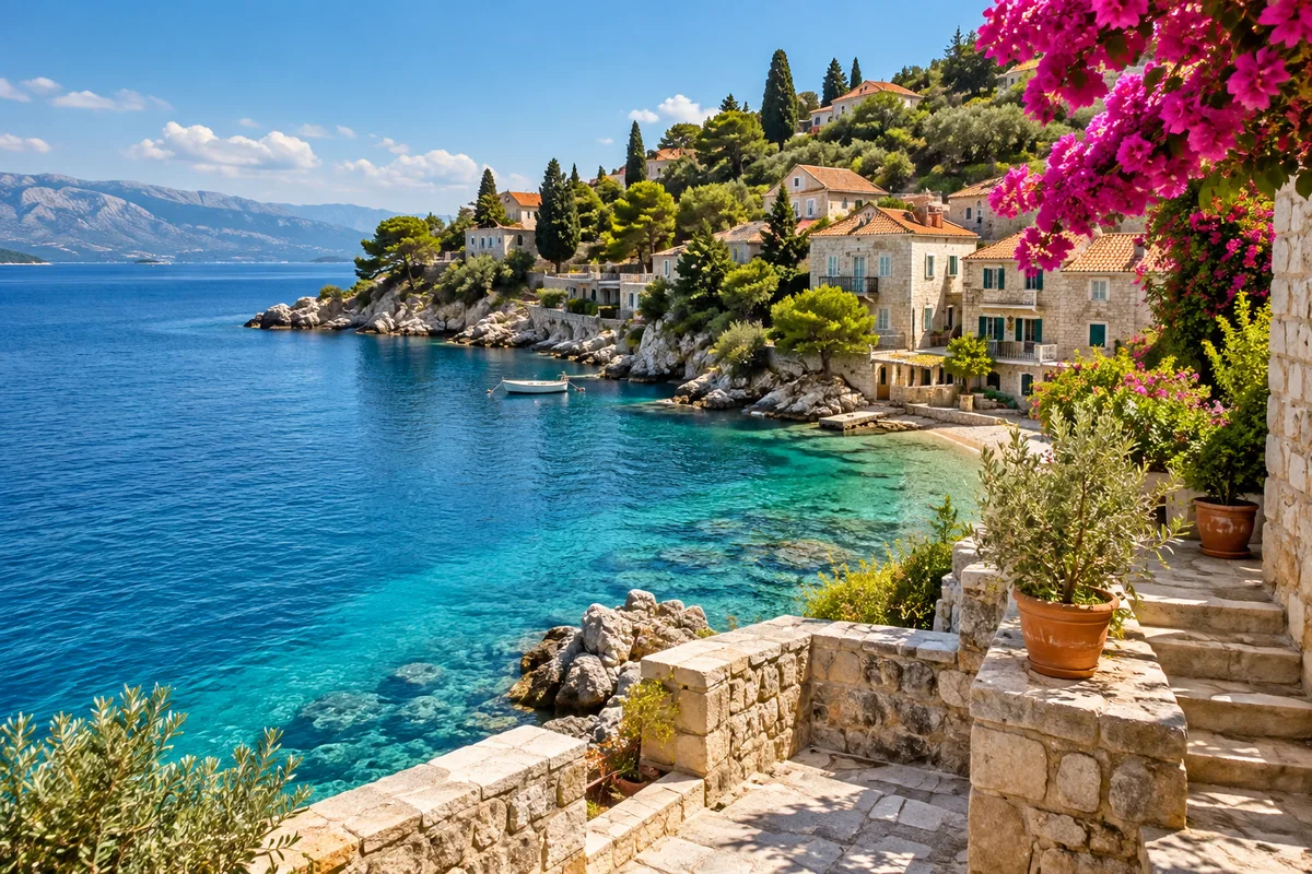 Sunlit stone terraces and bougainvillea overlooking a turquoise Mediterranean cove