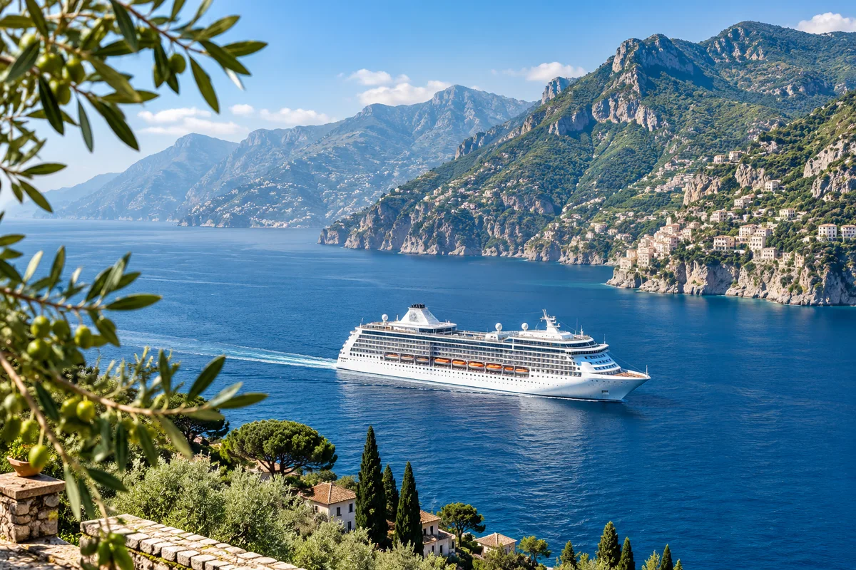 A white cruise ship sailing past a mountainous Mediterranean coastline