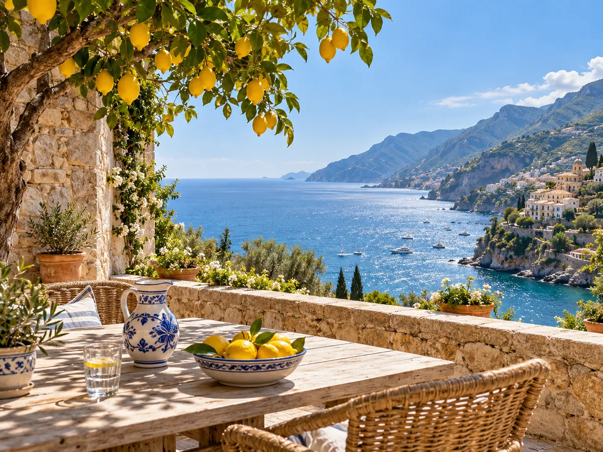 A sunny coastal terrace with a lemon tree and sea views
